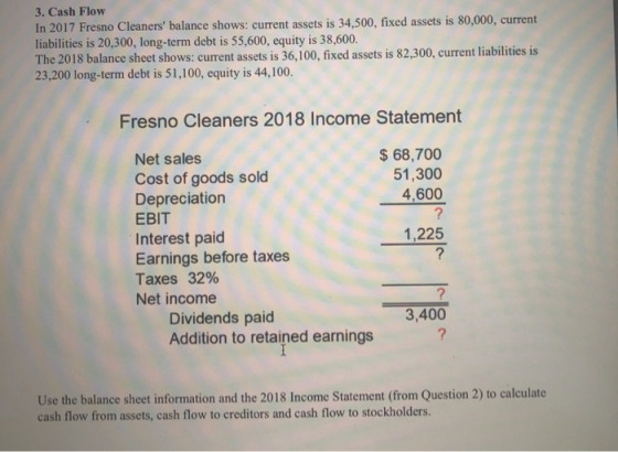 3. Cash Flow In 2017 Fresno Cleaners balance shows: current assets is 34,500, fixed assets is 80,000, current liabilities is