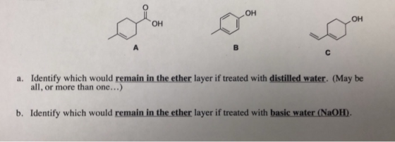 OH a. Identify which would remain in the ether layer if treated with distilled water. (May be all, or more than one...) b. Id
