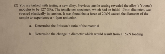 (2) You are tasked with testing a new alloy. Previous tensile testing revealed the alloys Youngs modulus to be 127 GPa. The