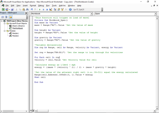 Microsoft Visual Basic for Applications - New Microsoft Excel Worksheet - Copyxlsm - ThisWorkbook (Code)] File Edit View Inse