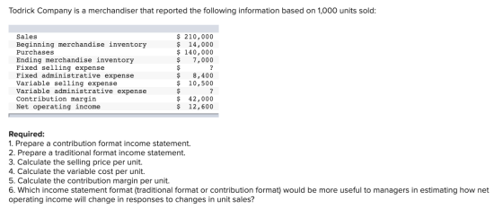 Todrick Company is a merchandiser that reported the following information based on 1,000 units sold: $ 210,000 $ 14,000 $ 140