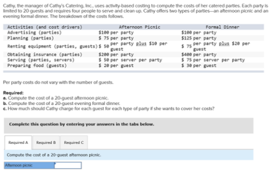 Cathy, the manager of Cathys Catering, Inc., uses activity-based costing to compute the costs of her catered parties. Each p