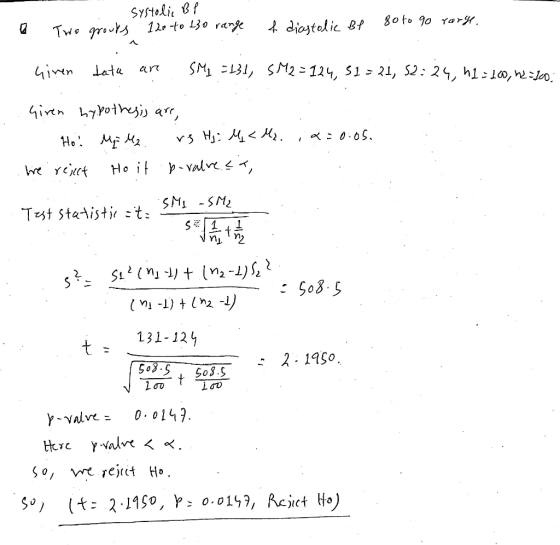systolic BP Two groups 120 to 130 range Boto 90 rary. & diastolic Be Given data AYT SM₂ = 131, SM2=124, 51=21, 52:24, h1 = 10