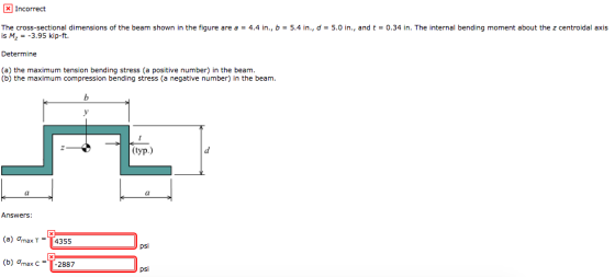 Incorrect The cross-sectional dimensions of the beam shown in the figure are a 4.4 in., b-5.4 in, d 5.0 in, and t 0.34 in. The internal bending moment about the z centroidal axis is M,--3.95 kip-ft. Determine (a) the maximum tension bending stress (a positive number) in the beam (b) the maximum compression bending stress (a negative number) in the beam. (typ.) CL CI Answers: (a) Omax T=T4355 psi (b) Ơmax C-T-2887 psi