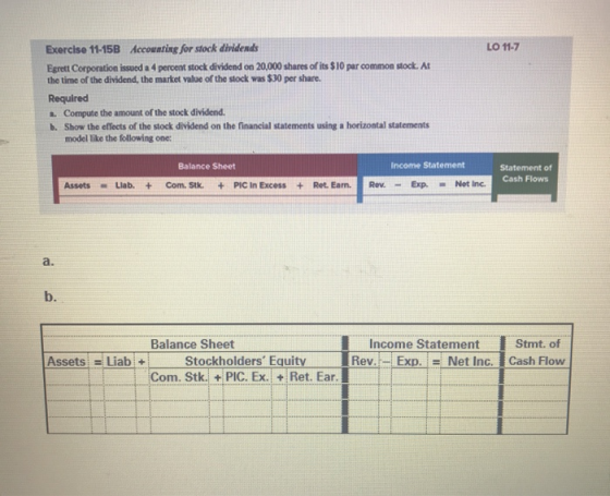 Accounting for stock dividends Exercise 11-15B LO 11-7 Egrett Corporation issued a 4 percent stock dividend on 20,000 shares