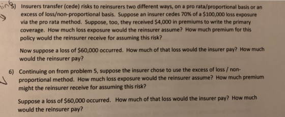i n. s) Insurers transfer (cede) risks to reinsurers two different ways, on a pro rata/proportional basis or an excess of los