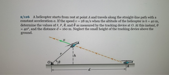 2/116 A helicopter starts from rest at point A and travels along the straight-line path with a constant acceleration a. If th
