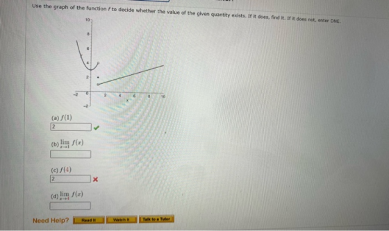 Use the graph of the function f to decide whether the value of the given quantity exists. If it does, find it. If it does not