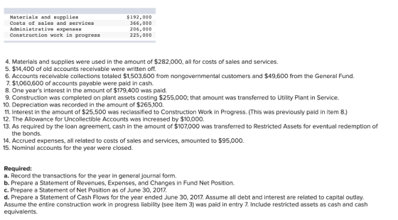 Materials and supplies Costs of sales and services Administrative expenses Construction work in progress $ 192,000 366,000 20