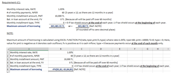 Requirement-(C Monthly interest rate, RATE # of monthly payments, NPER Monthly installment amount, PMT Bal. in loan account at the end, FV Monthly installment type, TYPE Maximum amount of borrowing 1.05% 60 [5 years x 12; as there are 12 months in a year] 10,000 TL O TL [Because all will be paid off over 60 months] 0 0 if tax shield occurs at the end of each year; 1 if tax shield occurs at the beginning of each year 443,481.91 TL or 443,482 TL [Ref: NOTE] (If rounded off to zero decimal place) NOTE Maximum amount of borrowing is calculated using EXCEL FUNCTION PV(rate,nper,pmt,fv,type) where rate-1.05%; nper-60; pmt-10000; fv:0; type-0; Here value for pmt is negative as it denotes cash outflows; fv is positive as it is cash inflow; type 0 because payments occur at the end of each month only 1 Monthly interest rate, RATE 2 #of monthly payments, NPER 3 Monthly installment amount, PMT 4 Bal. in loan account at the end, FV 5 Monthly installment type, TYPE 6 Maximum amount of borrowing 1.05% 60 [5 years x 12; as there are 12 months in a year] 10,000 TL O TL [Because all will be paid off over 60 months] 0 0 iftax shield occurs at the end of each year; 1 if tax shield occurs at the beginning of each year -PV(B1,B2,-B3,B4,B5) [Ref: NOTE]