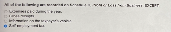 All of the following are recorded on Schedule C, Profit or Loss from Business, EXCEPT: Expenses paid during the year. Gross r