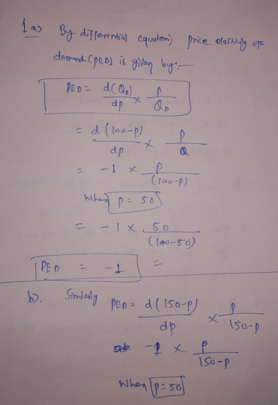 las By differential equation) price elastady of derrend CpEd) is given by - 1 10 de mais - d (100-px la - 1 & hoger (100-P) W