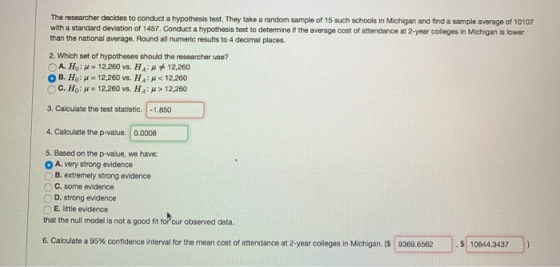 The researcher decides to conduct a hypothesis test. They take a random sample of 15 such schools in Michigan and find a samp