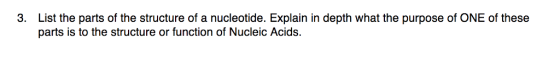 List the parts of the structure of a nucleotide. Explain in depth what the purpose of ONE of these parts is to the structure or function of Nucleic Acids 3.