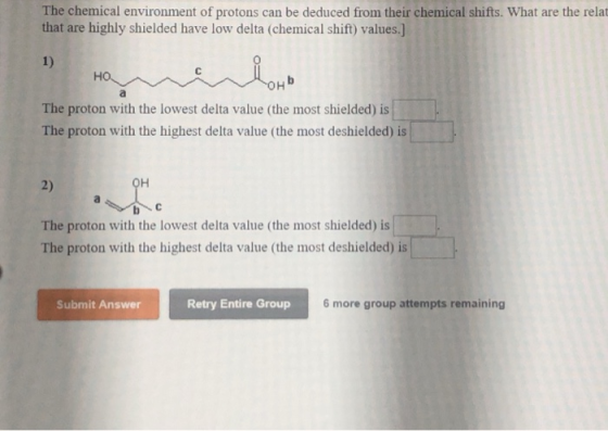 The chemical environment of protons can be deduced from their chemical shifts. What are the relat that are highly shielded ha