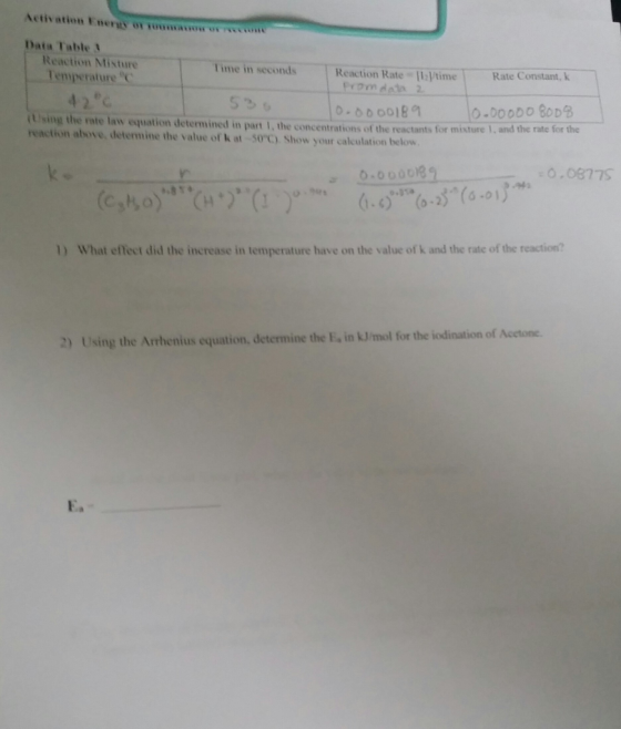 Activation Enery or uunaou o cme Data Table 3 Reaction Misture Temperature C Time in seconds Reaction Rate-1:/time Promdata 2