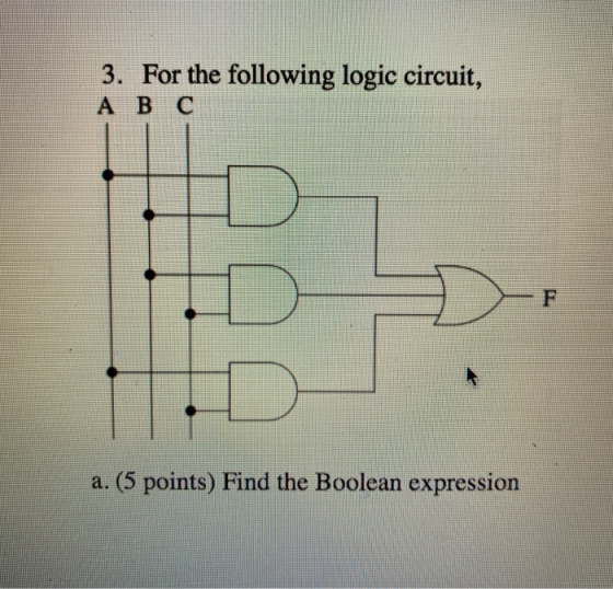 3. For the following logic circuit, A B C F a. (5 points) Find the Boolean expression