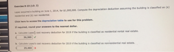 Exercise 8-23 (LO. 2) Lopez acquired a building on June 1, 2014, for $1,000,000. Compute the depreciation deduction assuming