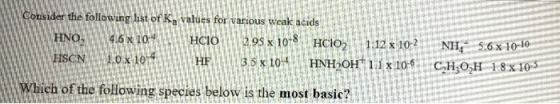 Consider the following list of K, values for various weak acids HNO, 14.6 x 10- 40 HCIO 12.95 x 10-8 HCIO 1.12 x 10- 2 NH, 5.