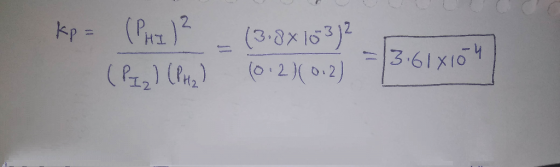 kp= (PHI)² = (3.8x103)2 - (P22) (PH2) (012)(012) = 13.614104)