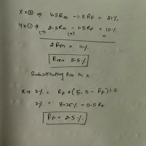 X x② > 4x = 4.5 km - 1.5 Rp = 21% 2.5km - 1.5 Rp = 10% 2pm = 11%. Rm= 5.5%) Substituting Rm in a X+ 7% = RA+ (5.5- Rp) 1.5 .7
