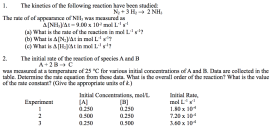 1 The kinetics of the following reaction have been studied: N23 H2 2 NH3 The rate of of appearance of NH3 was measured as A[N