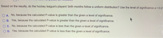 Based on the results, do the hockey leagues players birth months follow a uniform distribution? Use the level of significan