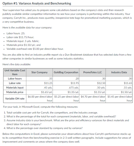 Option #1: Variance Analysis and Benchmarking Your supervisor has asked you to prepare some calculations based on the company