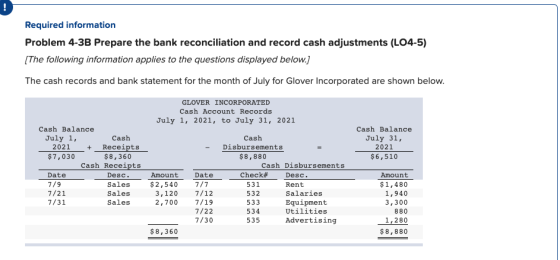 Required information Problem 4-3B Prepare the bank reconciliation and record cash adjustments (LO4-5) (The following informat