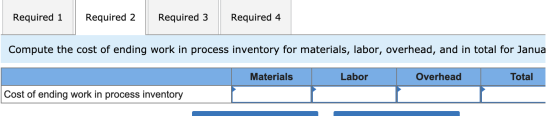 Required 1 Required 2 Required 3 Required 4 Compute the cost of ending work in process inventory for materials, labor, overhe