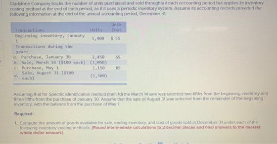 Gladstone Company tracks the number of units purchased and sold throughout each accounting period but applies its inventory c