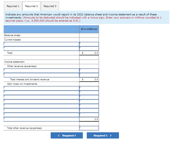 Required 1 Required 2 Required 3 Indicate any amounts that American would report in its 2021 balance sheet and income stateme