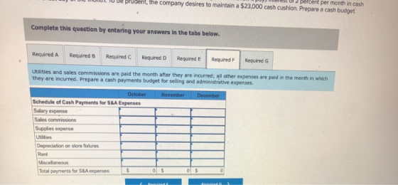 Uue prudent, the company desires to maintain a $23,000 cash cushion. Prepare a cash budget. Complete this question by enterin