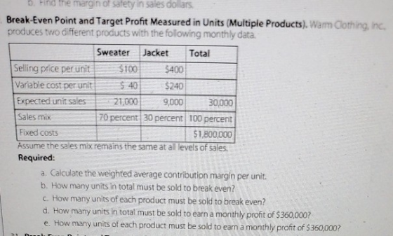 D o me margin of safety in sales dollars. Break-Even Point and Target Profit Measured in Units (Multiple Products). Warm Goth
