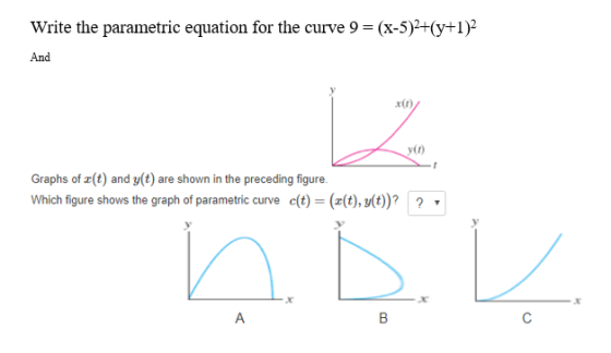 Write the parametric equation for the curve 9 = (x-5)H(y+1)2 And x(t) v(r) Graphs of z(t) and y(t) are shown in the preceding