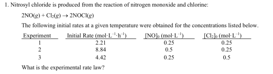 1. Nitrosyl chloride is produced from the reaction of nitrogen monoxide and chlorine: 2NO(g) + Cl2(g) → 2NOCI(g) The followin