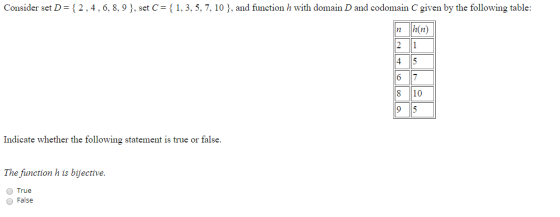 Consider set D={ 2,4,6,8,9 }, set C= {1, 3, 5, 7, 10 }, and function h with domain D and codomain C given by the following ta