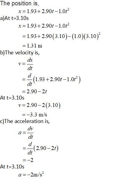 The position is x- 1.93+2.90t-1.0t a)At t-3.10s x 1.93+2.90t-1.0t 1.93+2.90 (3.10) (1.0) (3.10) 1.31 m b)The velocity is, dr dt (1.93+2.90r-1.0r) dt 2.90-2t At t-3.10s v-2.90-2(3.10) m/s c)The acceleration is, dv dt 2.90-2t dt At t-3.10s