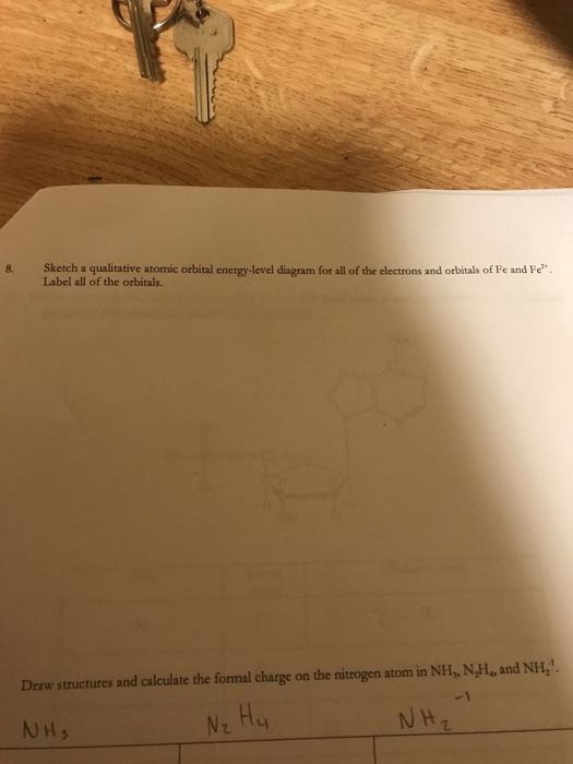 sketch a qualitative atomic orbital energy-level diagram for all of the electrons and orbitals of Fe and Fe Label all of the orbitals. Draw structures and calculate the formal charge on the nitrogen atom in NH, N,H and NH. NH NH,
