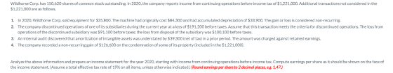 Wildhorse Corp. has 150,620 shares of common stock outstanding. In 2020, the company reports income from continuing operation