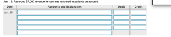 Jan. 15: Recorded $7,000 revenue for services rendered to patients on account. Date Accounts and Explanation Jan. 15 Debit Cr
