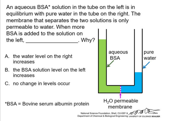 An aqueous BSA* solution in the tube on the left is in equilibrium with pure water in the tube on the right. The membrane tha