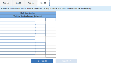 Req 1A Reg 1B Reg 2A Reg 28 Prepare a contribution format income statement for May. Assume that the company uses variable cos