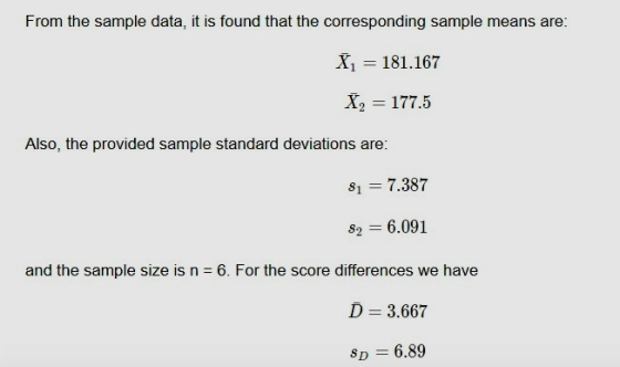From the sample data, it is found that the corresponding sample means are: X1 = 181.167 X2 = 177.5 Also, the provided sample