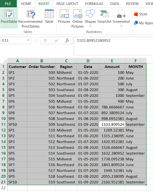 FILE HOME INSERT PAGE LAYOUT FORMULAS DATA REVIEW VIEW Store My Apps PivotTable Recommended Table Pictures Online Shapes Smar