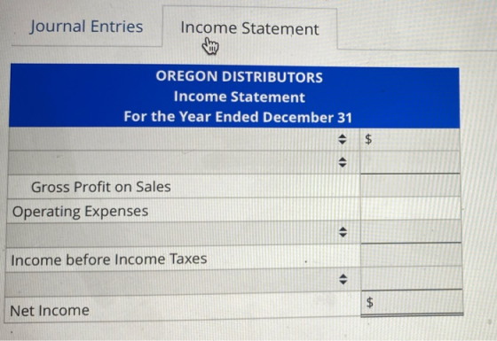 Journal Entries Income Statement OREGON DISTRIBUTORS Income Statement For the Year Ended December 31 Gross Profit on Sales Op