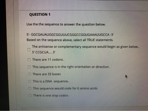 QUESTION 1 Use the the sequence to answer the question below. 5- GGCGAUAUGGCGGUUUCGGGCCGGUGAAAUUGCCA-3 Based on the sequence