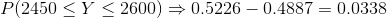 P(2450\leq Y\leq 2600)\Rightarrow 0.5226-0.4887=0.0338