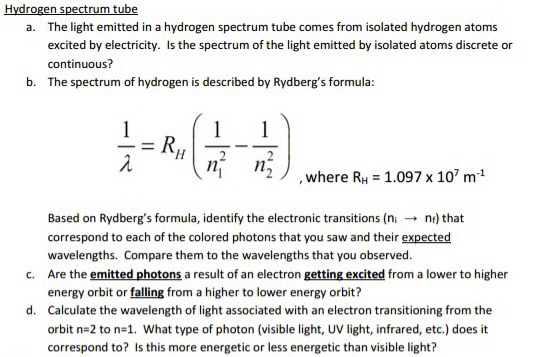 Hydrogen spectrum tube a. The light emitted in a hydrogen spectrum tube comes from isolated hydrogen atoms excited by electri