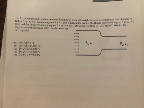 10. An i ncompressible and non-viscous Bfluid flows from left to right through a circular pipe that changes its us trom ni to